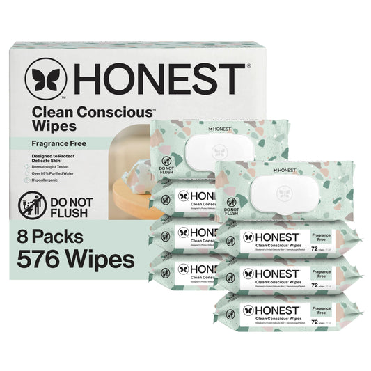The Honest Company Baby Wipes for Sensitive Skin, Hypoallergenic, Fragrance-Free, Multi-Use, Geo Mood Design, 576 Count (8 Packs of 72)