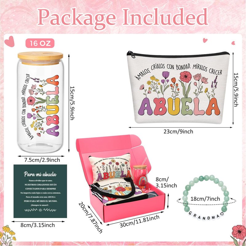 LemonRoad 5 Pcs Spanish Grandma Gifts Set Abuela Birthday Gifts Regalos Para Abuela Including Tote Bag 16 oz Glass Cup Makeup Bag Natural Stone Bracelets for Nana Gigi Grandmother Birthday Supplies