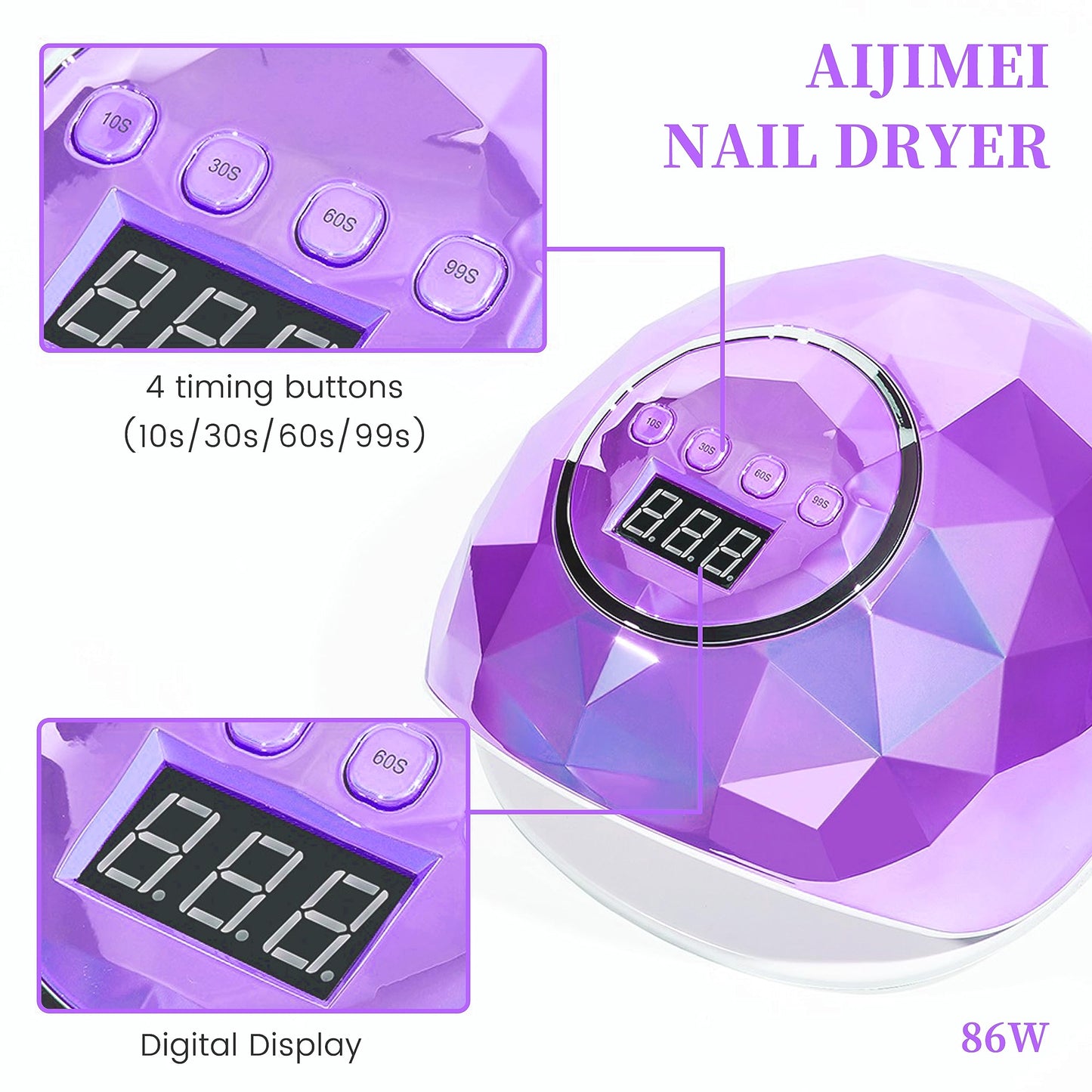 AIJIMEI Diamond Purple Nail Lamp Nail Dryer Nail Tools LED Gel Nail Lamp 86W Gel Nail Light Nail Polish Dryer for Professional and Beginner (Purple Diamond)