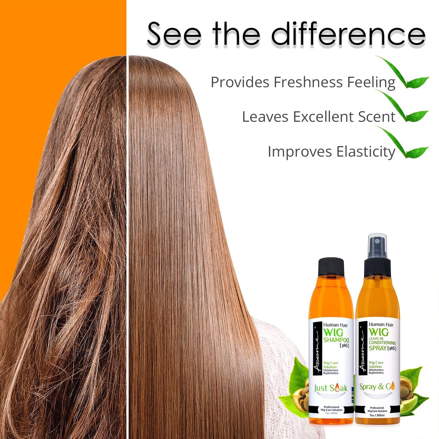 Awesome Human Hair Wig Shampoo & Conditioner, Premium set of 3, Promoting Silkiness, Shine & Freshness I Preventing Dryness (7 Fl Oz x2, 2.3 Fl Oz travel size)