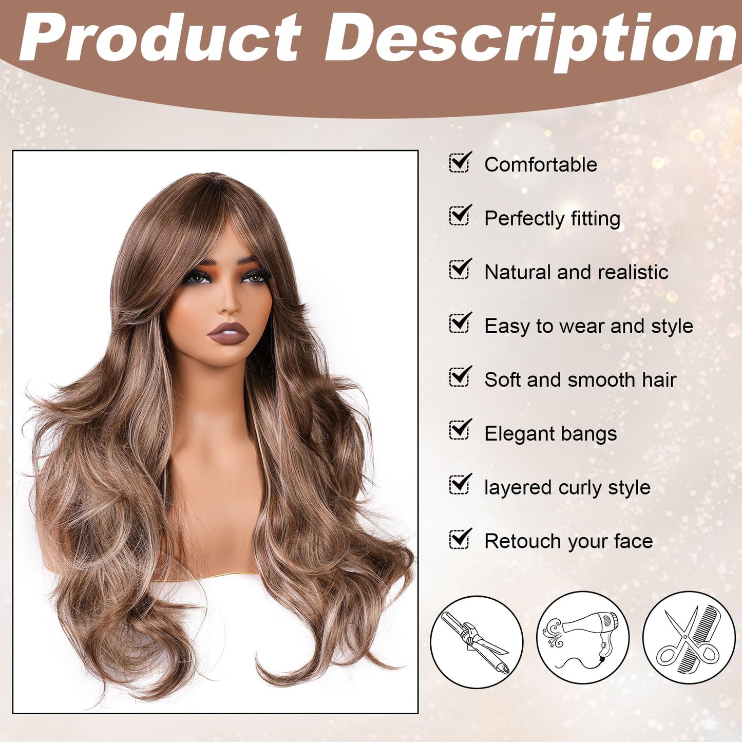 Light Brown With Curtain Bangs Wigs for Women 26inch Long Brown Mixed Blonde Layered Wig with Dark Roots Middle Parting Synthetic Hair Natural Looking for Daily Party Use(Highlight Brown)