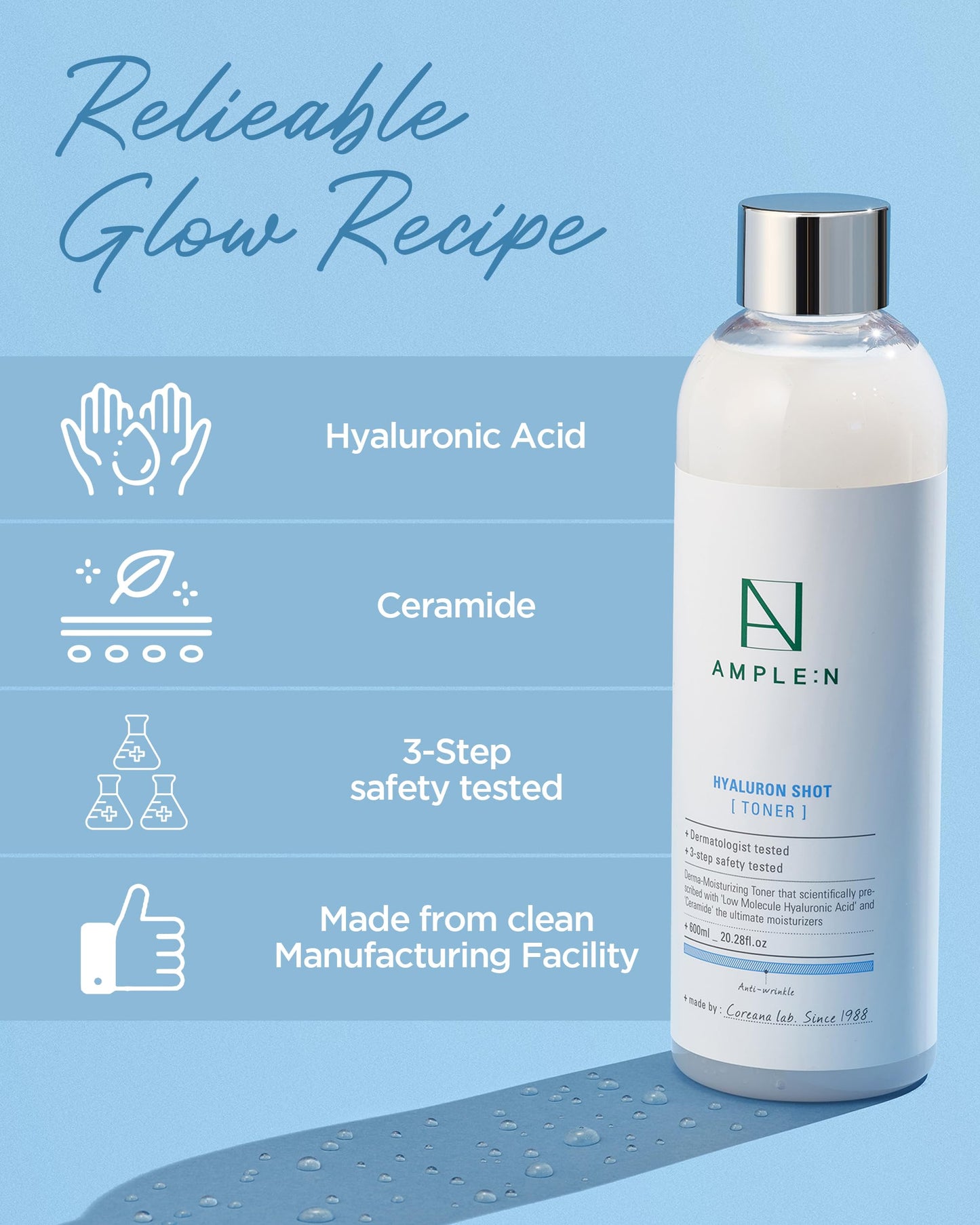 Ample:N Hyaluron Shot Toner – Korean Hyaluronic Acid and Ceramide Hydrating Face Toner - Moisturizing Essence for Minimizing Wrinkles – Dewy Healthy Glow Skin Booster for Dry Skin, 20.3 fl.oz.