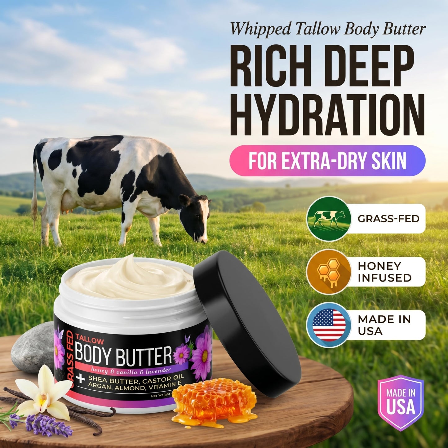 SELFWISE Beef Tallow Body Butter Cream - Grass-Fed Whipped Balm with Honey, Shea Butter, Castor Oil & Calendula - Non-Greasy, Long Lasting Hydration - for Extra Dry and Sensitive Skin.