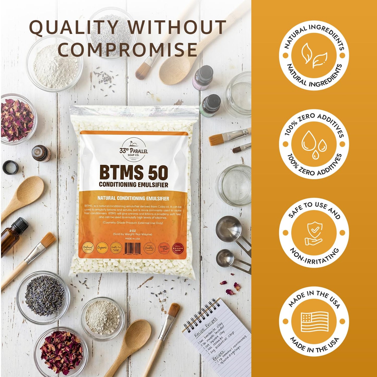 33rd PARALLEL | BTMS 50 (1 LBS / 16 Oz) Conditioning Emulsifier | 100% Natural Plant Derived | Behentrimonium Methosulfate Cetearyl Alcohol Emulsifying Conditioner | Product of USA (1 POUND)