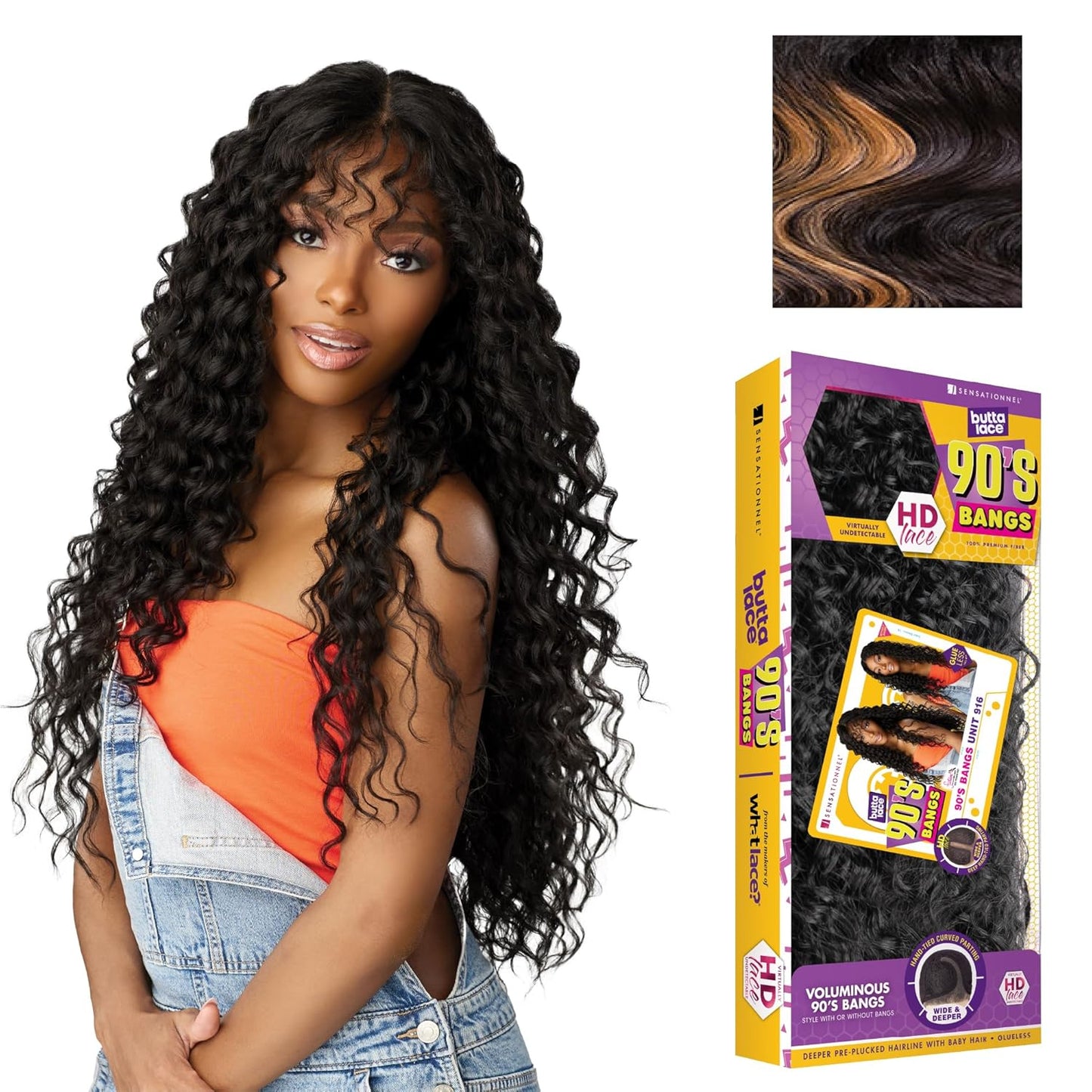 Sensationnel Butta Lace 90S Bangs Wig - Glueless Synthetic Hair with Deep Center Part | Balayage Gold
