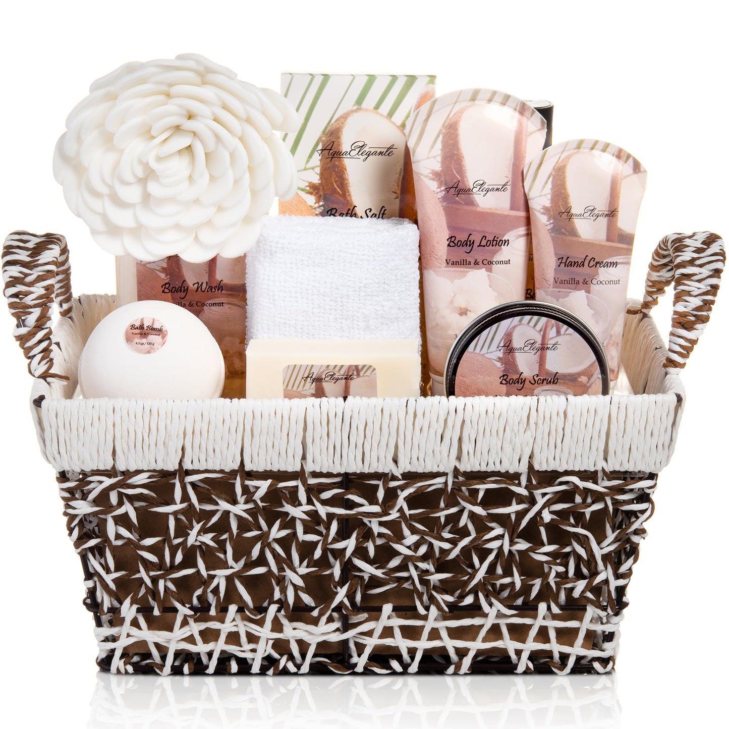 Aqua Elegante Bath Basket For Women - Deluxe Spa Set with Wash, Bubble Bath, Lotion, Salts, Body Scrub, Towel, Shower Puff, Bathbombs, Reusable Basket, Gifts for Mom, Wife, Her - Honey & Almond