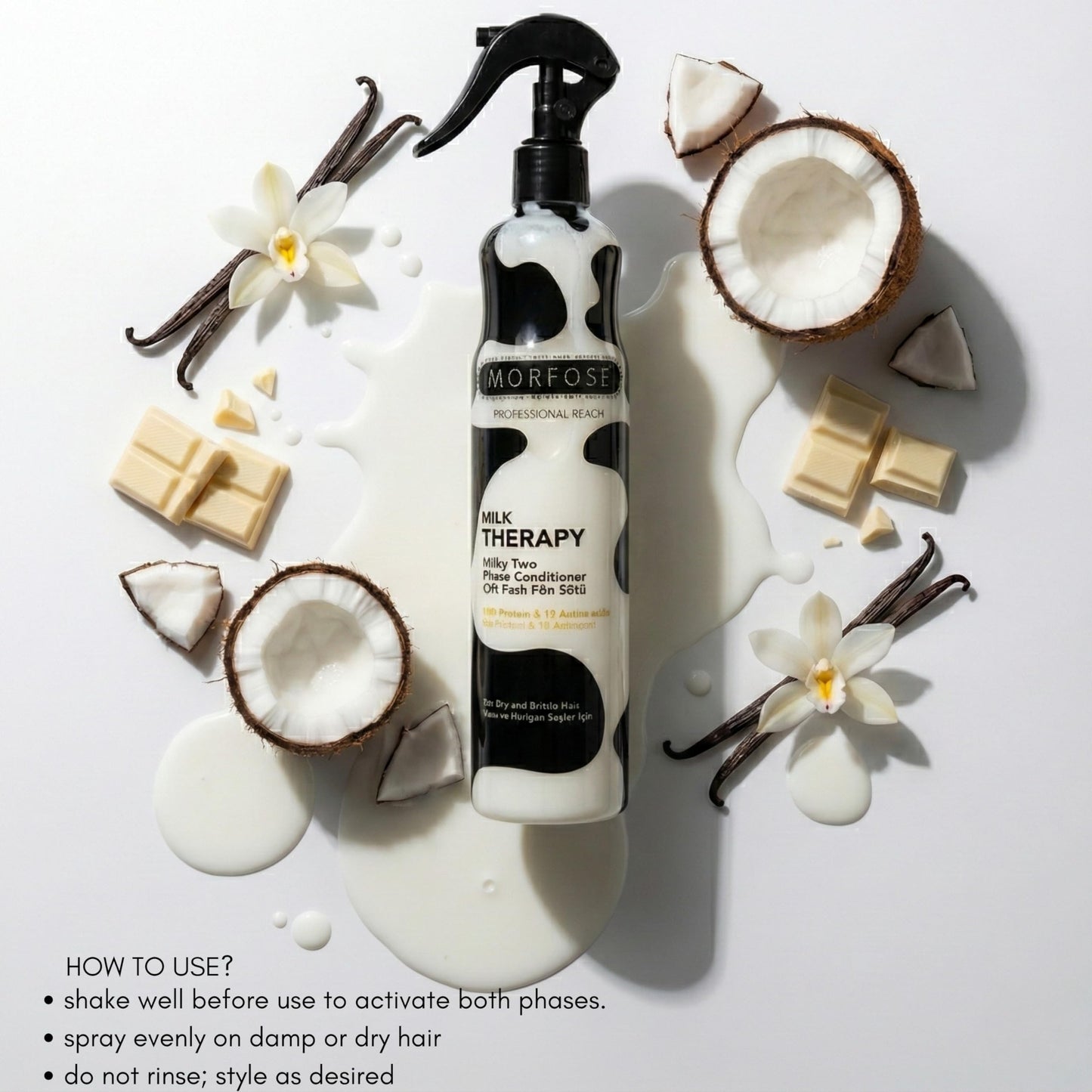 Morfose Professional Two Phase Leave-in Conditioner for Dry, Damaged, or Brittle Strands, Repairs and Protects, Damage, and Split Ends, 13.52 Fl Oz (Milk Therapy)