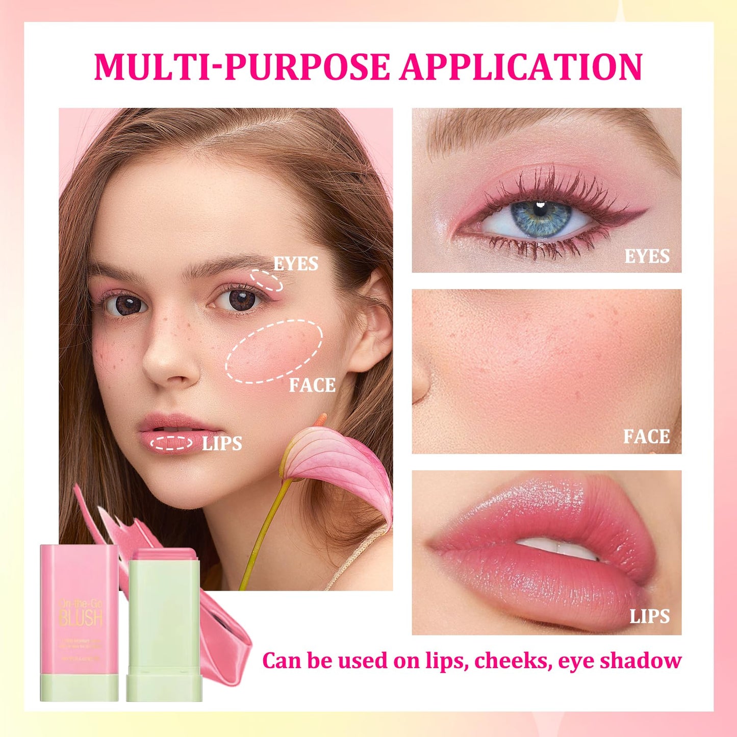 3PCS Blush Stick for Cheeks,Multi-use Solid Matte Makeup Stick Blush Cream for Cheek Eyes and Lips Tint,Moisturizing Tinted Cream Blush,Natural Blendable Cheek Blusher with 3 Makeup Sponges
