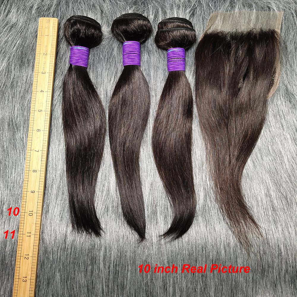 3 Bundles Human Hair with Closure Straight 100% Unprocessed Virgin Brazilian Hair Weave with 4x4 Lace Closure Free Part Double Weft 10A Hair Extensions Natural Black Color (8" 8" 8" + 8" Closure)