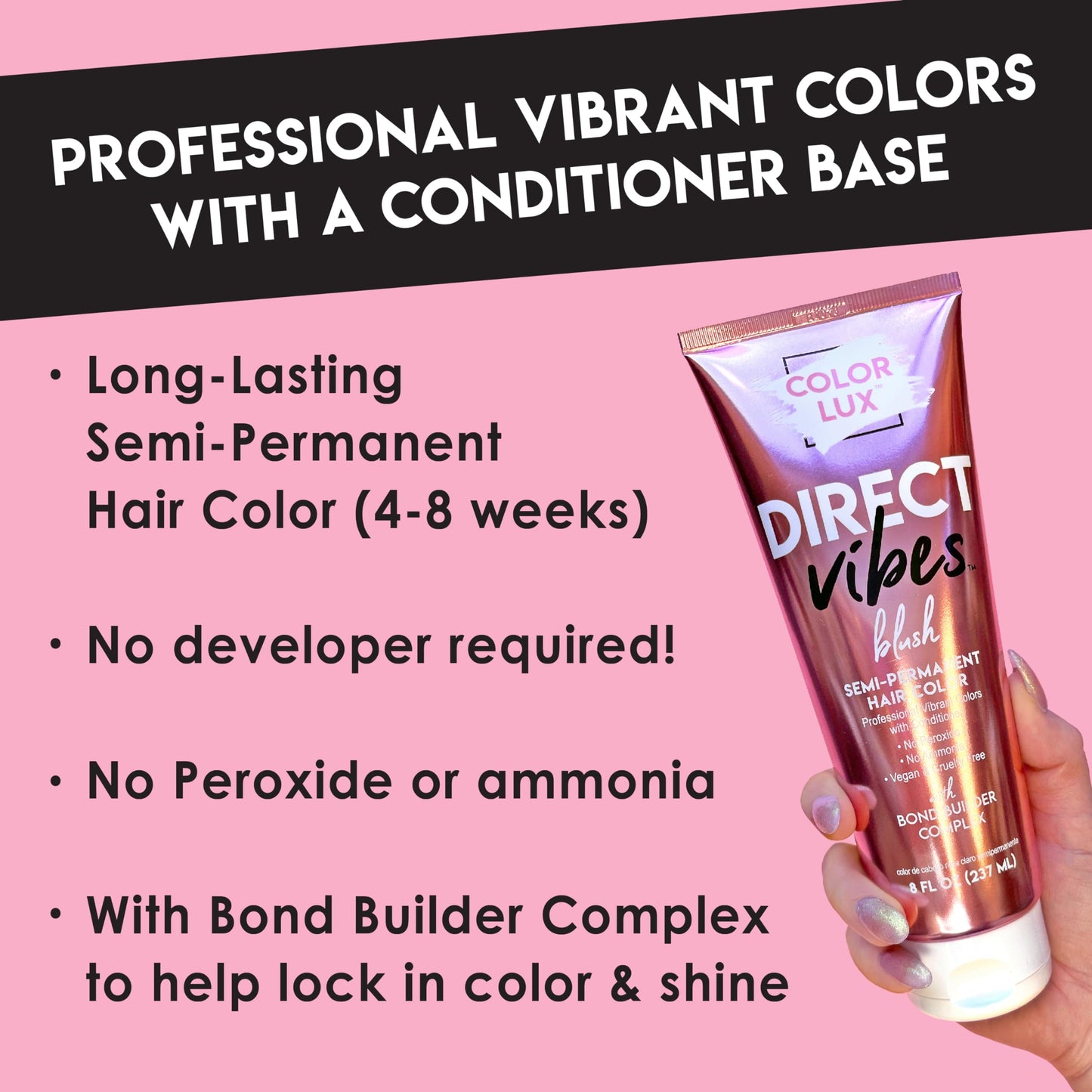 Color Lux Direct Vibes Semi-Permanent Hair Color, Blush, Vibrant & Long-Lasting Shade, Ammonia-Free, Vegan, Sulfate-Free, Paraben-Free, 8 fl oz (Pack of 2)