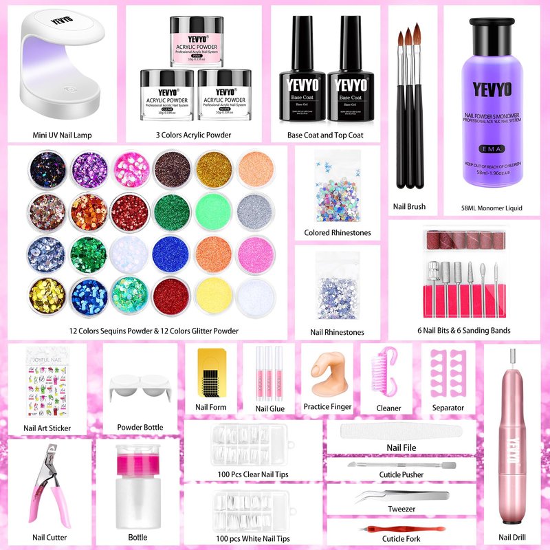 YEVYO Acrylic Nail Kit with Drill, Acrylic Nail Kit for Beginners with Everything UV Light Nail Art Tools Gift Set for Home Salon