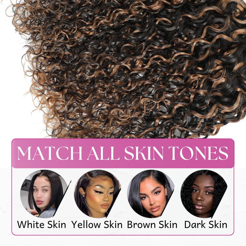 Anmetan Honey Blonde Highlight Black and Brown 4x4 Closure Water Wave Human Hair, 12A Wet and Wavy Color F1B30 Ombre 100% Remy Hair Pre Plucked with Baby Hair Free Part Hairline 4x4 Lace Closure 14 In