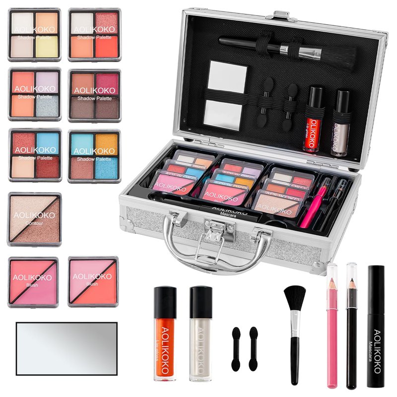 AOLIKOKO Makeup Kit for Teenager & Women Full Kit, All in One Makeup Set With The Small Cosmetic Train Case, Professional Makeup Kit, Makeup Gift Set for Women Girls (silver)