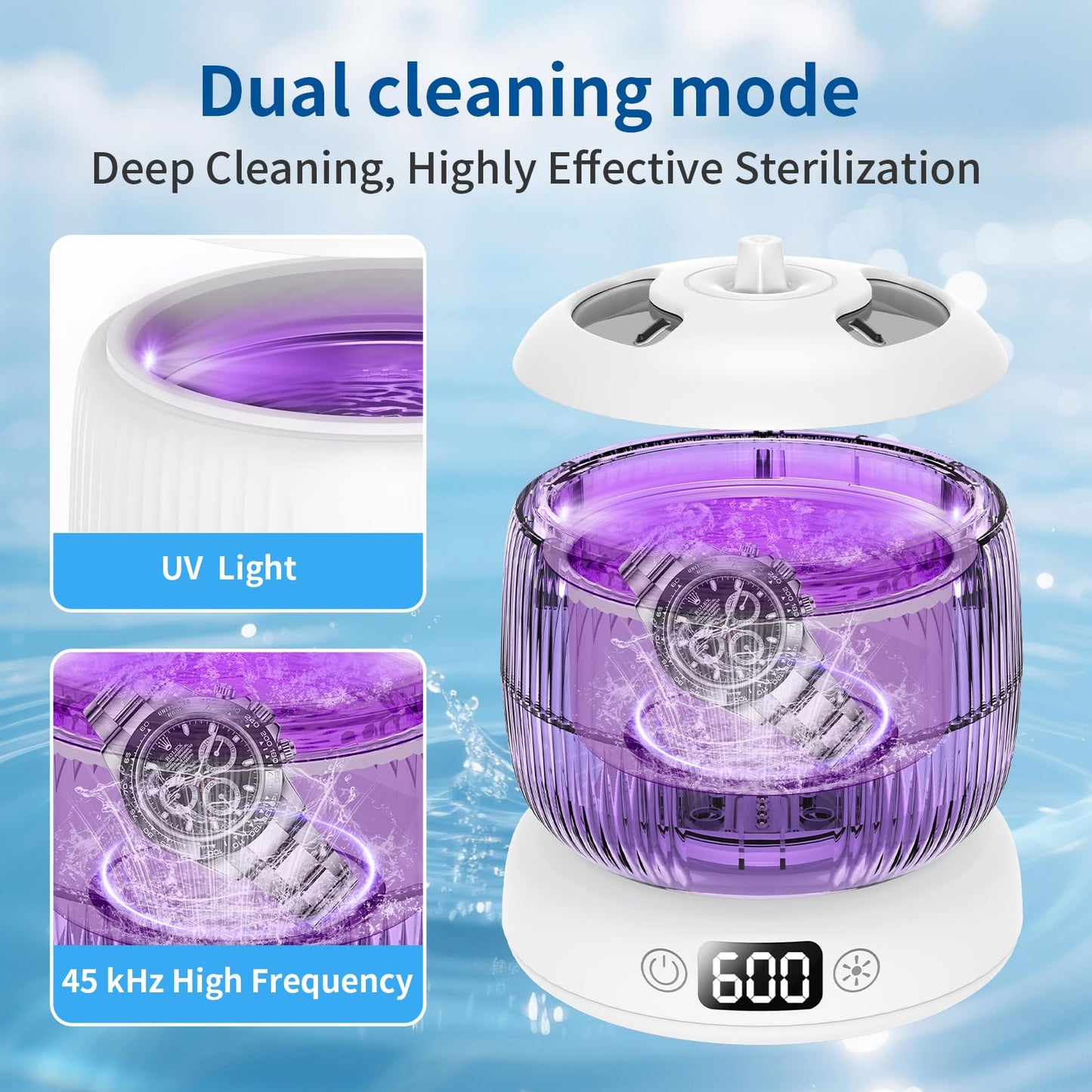 2025 Upgraded Ultrasonic Retainer Cleaner Machine,Separate Retainer Cleaner for Night Guards, Braces, Aligner, Toothbrush, Jewelry, 4 Modes Denture Cleaner & Removable Base and Top Cover(White)