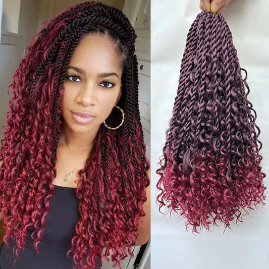 Boho Island Twist Crochet Hair 8 Packs 18 Inch Omber Burgundy Pre-Looped Goddess Senegalese Twist Crochet Hair with Curly Ends Boho Style Braids for Women T1B/BUG#