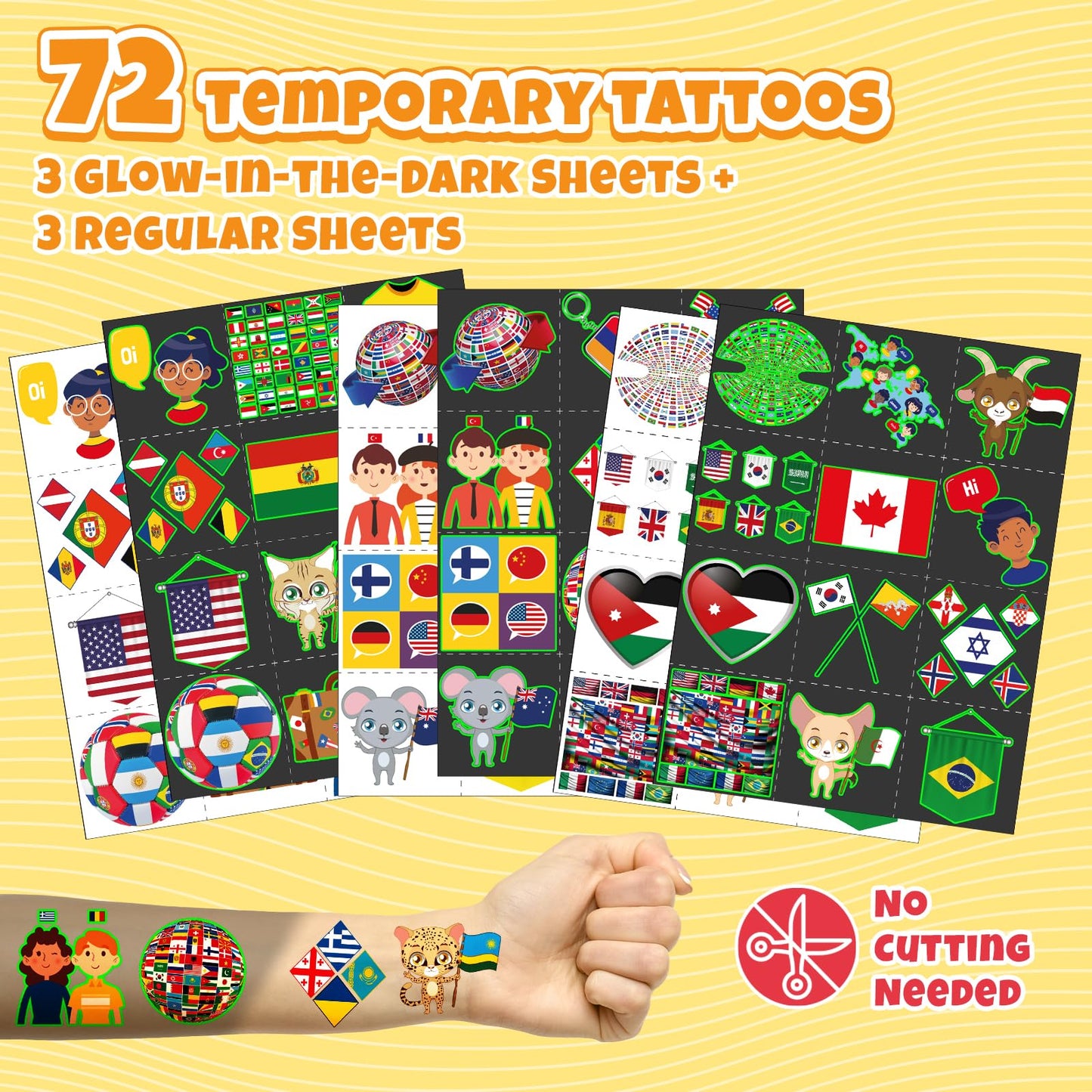 96 PCS World Flag Party Favors – 72 Pre-Cut Temporary Tattoos & 24 Slap Bracelets for Kids, Multicultural Birthday Supplies & Classroom Rewards
