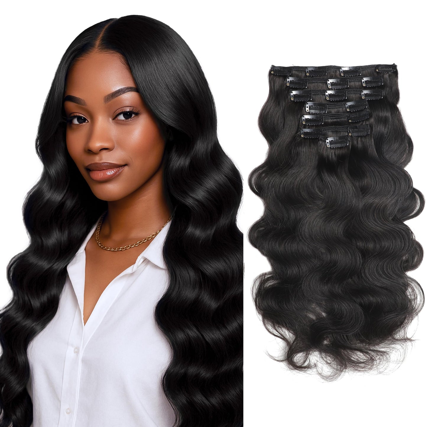 Anrosa Straight Clip In Hair Extensions 14 Inch Seamless Clip Ins #1 Jet Black Remy Human Hair Extensions for Women 120g 7pcs