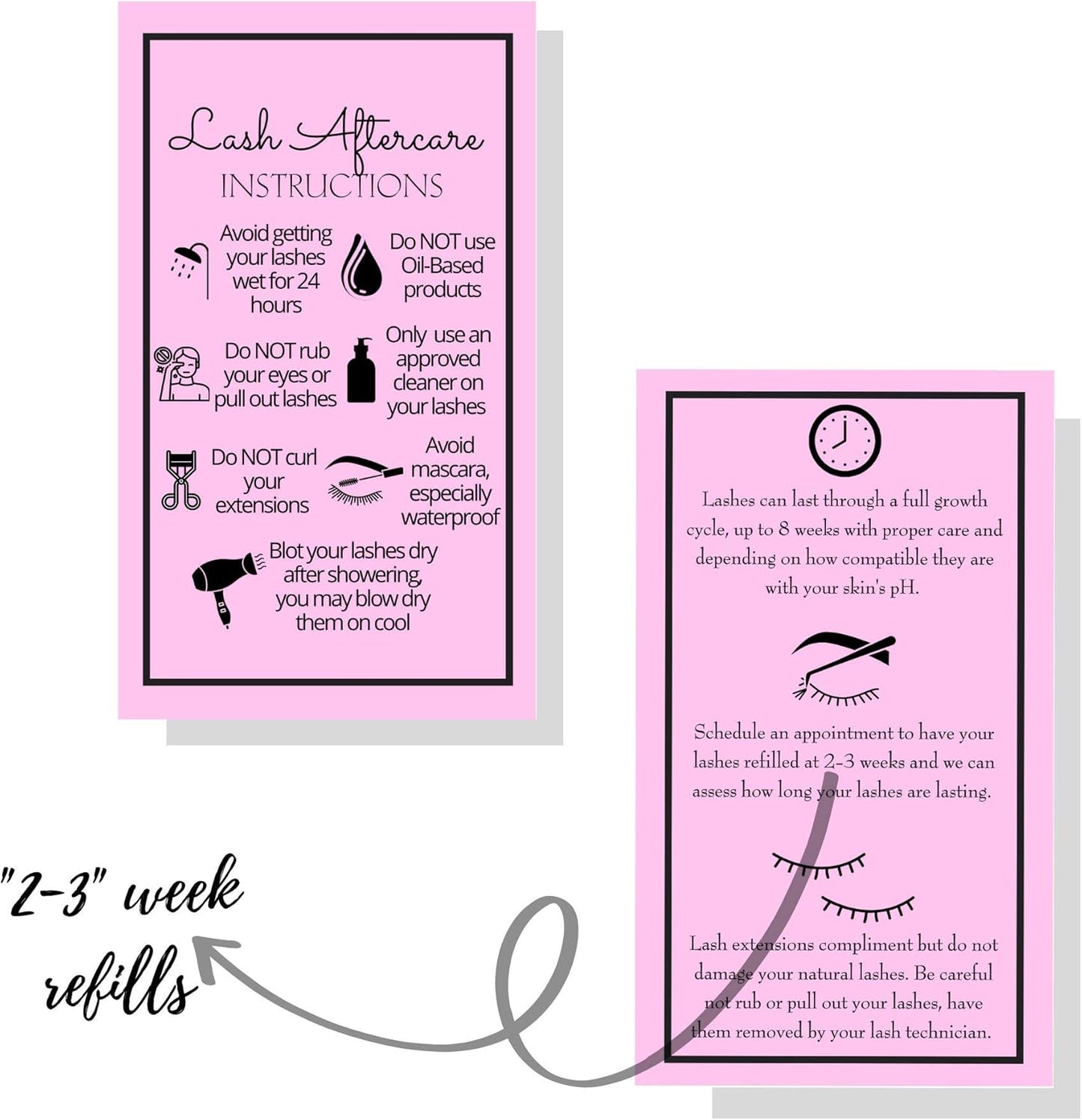 Lash Extension Aftercare Instructions Cards - Double-Sided 2x3.5" | 250 Pack in Bubblegum Pink with Visuals