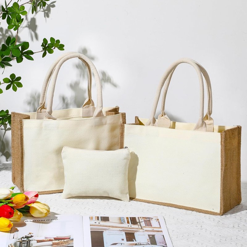 Jute Burlap Tote Bag Set - 4 Reusable Bags with Canvas Makeup Pouch | Simple Beige Gift Bags for Weddings & DIY Crafts
