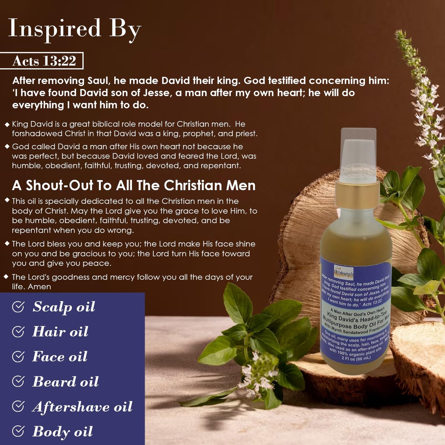BIBLE N Beautyoils A Man After God’s Heart King David’s Body Oil, Hydrating, Nourishing Body Oil Infused with Myrrh,Sandalwood, Frankincense, Cedarwood, Non-Greasy Men's Grooming Essential Moisturizer
