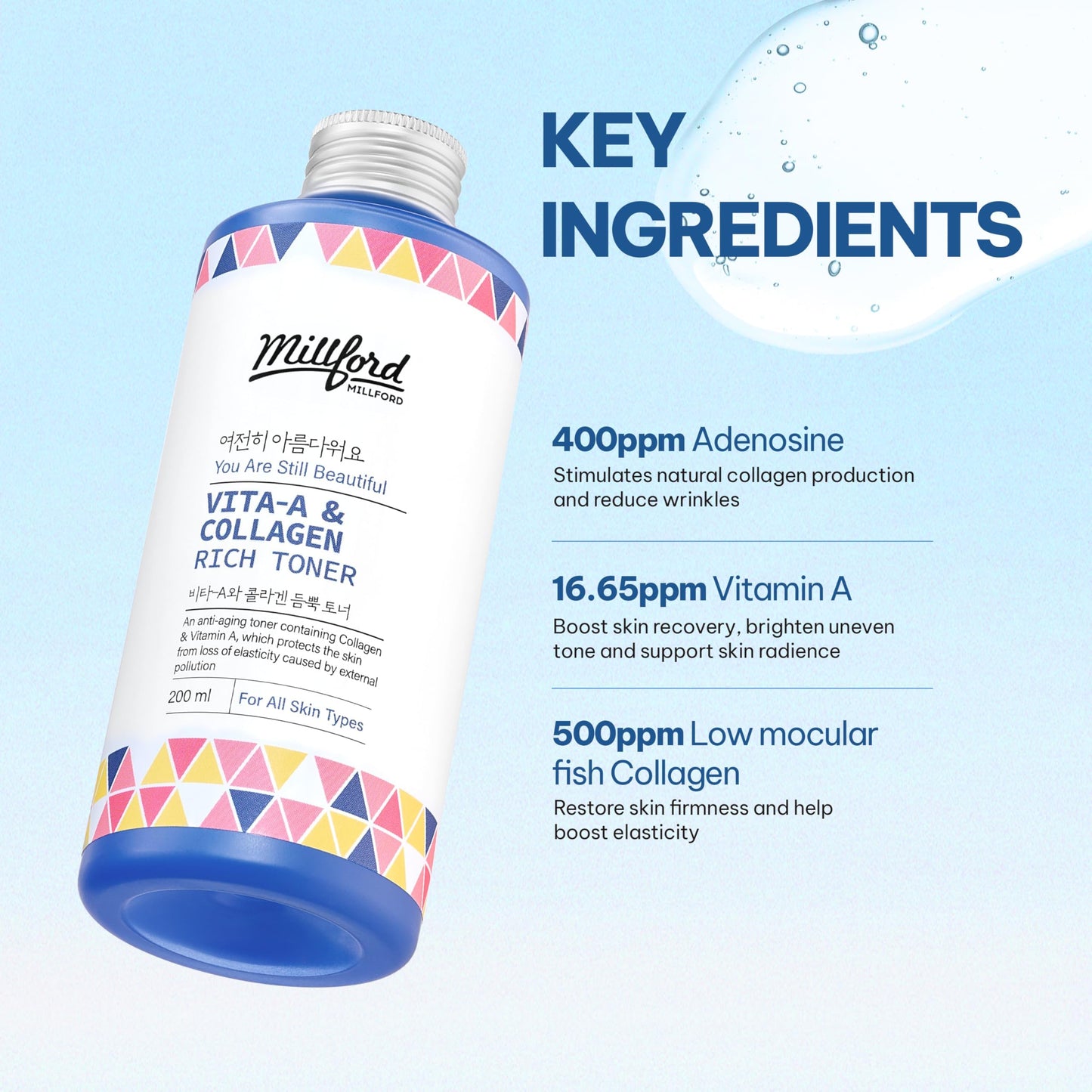 Millford Vita A & Collagen Rich Toner 200ml/6.76 fl.oz - Anti-Aging Retinol Face Toner with Marine Collagen & Panthenol for Fine Lines, Wrinkles, Elasticity & Deep Hydration, Korean Skincare