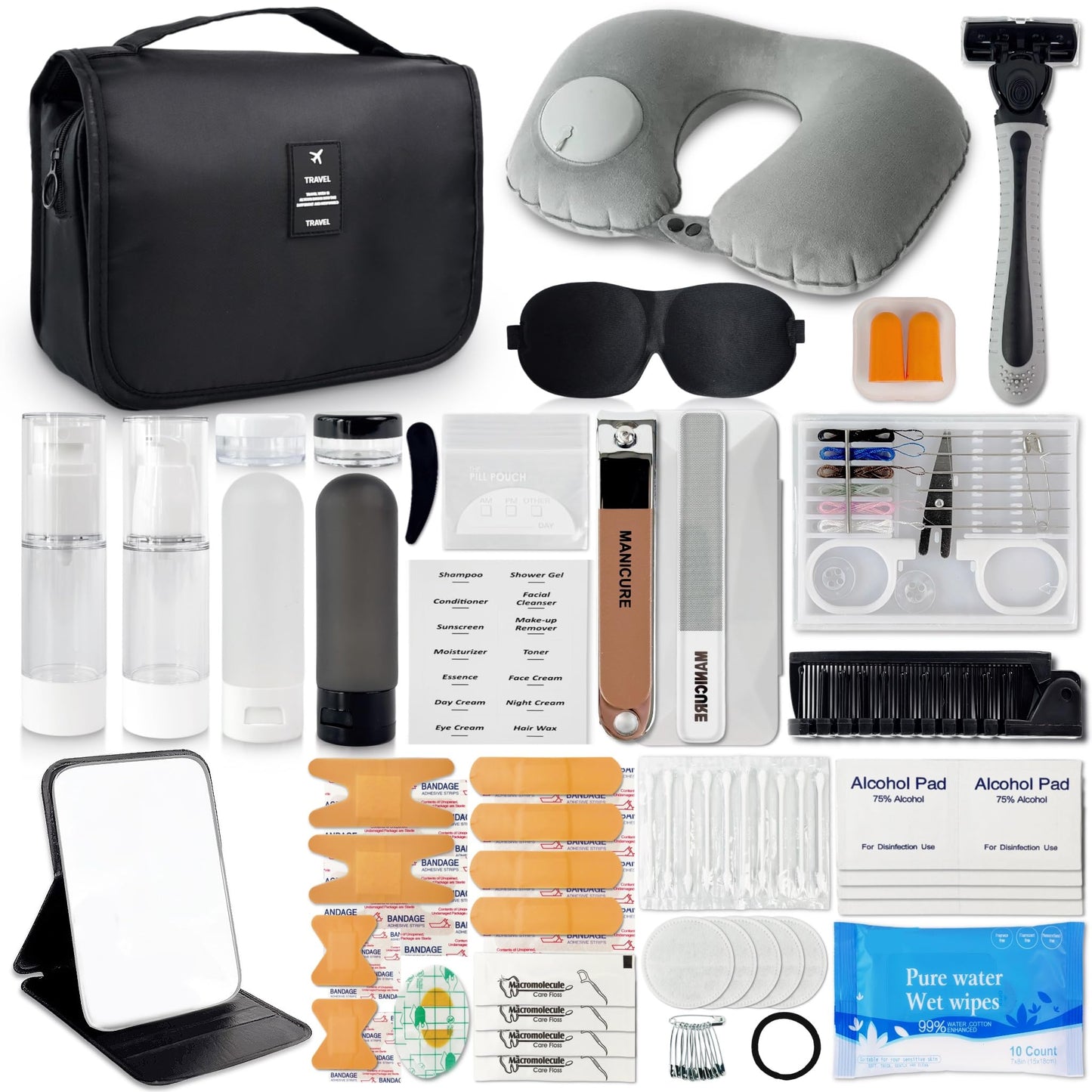 Travel Kit 39 Essentials for Travel Emergency, Large Capacity Toiletry Bag, All Purpose Grooming Set, Airplane Pillow Kit, TSA Approved (Pearl Bisque Beige)