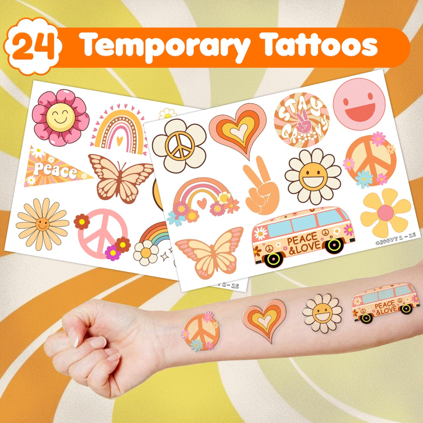 Cherisnowy 48PCS Groovy Party Set - 24PCS Temporary Tattoos & 24PCS Slap Bracelets - 70s Retro Birthday Supplies, Baby Shower Gifts, Classroom Rewards & Party Decor for Kids (Boys & Girls)