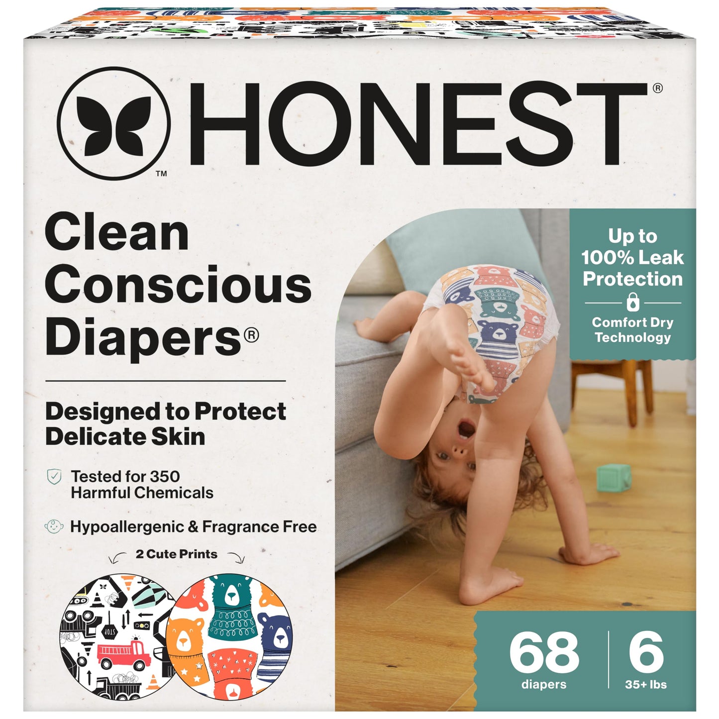 The Honest Company Comfort Dry Disposable Daytime Diapers for Sensitive Skin, Hypoallergenic, Beary Cool + Big Trucks, Super Club Box Size 6 (35 lbs), 68 Count