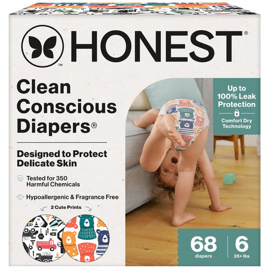 The Honest Company Comfort Dry Disposable Daytime Diapers for Sensitive Skin, Hypoallergenic, Beary Cool + Big Trucks, Super Club Box Size 6 (35 lbs), 68 Count
