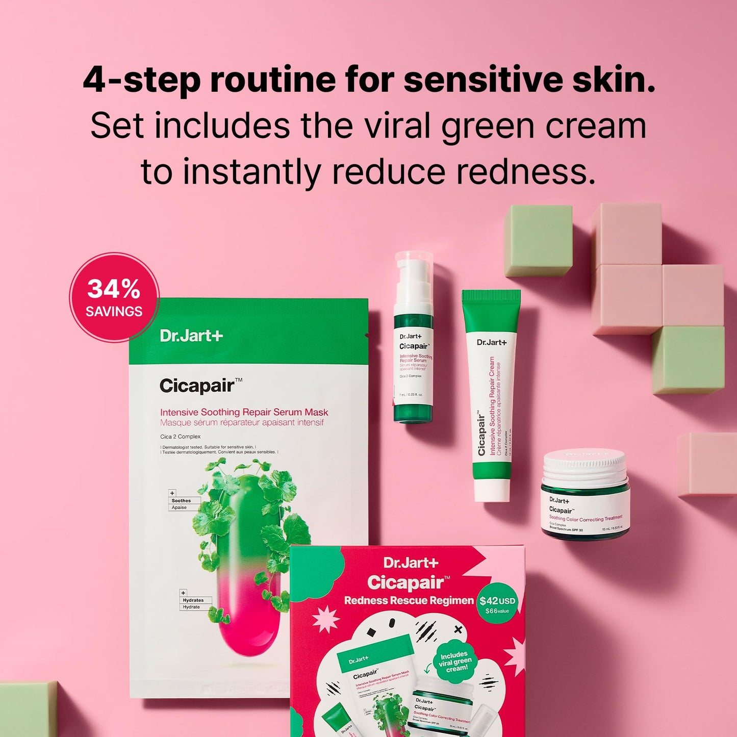 Dr.Jart+ Cicapair Redness Rescue Regimen Korean Skin Care Set with Centella Asiatica | 4 Piece Travel Size Value Gift Set | Gifts for Women