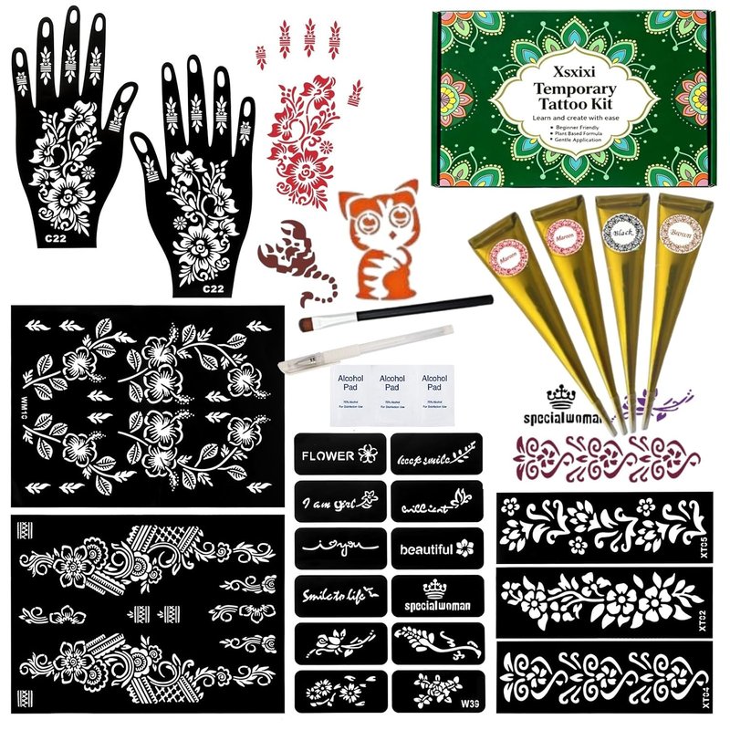 Temporary Tattoo Stencils Kit - 4 Pcs Tattoo Cones in Black, Maroon & Brown | Includes Outline Pen, Cotton Swabs & Brush for Fun Family Parties