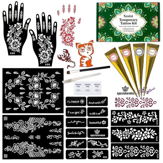 Temporary Tattoo Stencils Kit - 4 Pcs Tattoo Cones in Black, Maroon & Brown | Includes Outline Pen, Cotton Swabs & Brush for Fun Family Parties