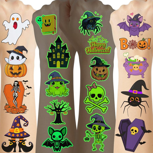 Luminous Halloween Temporary Tattoos - 60Pcs Glow In Dark Halloween Decorations Stickers Trick Or Treat Party Décor Party Favors Supplies Accessories Craft Pumpkin Spider Gift Idea For Kids Adult