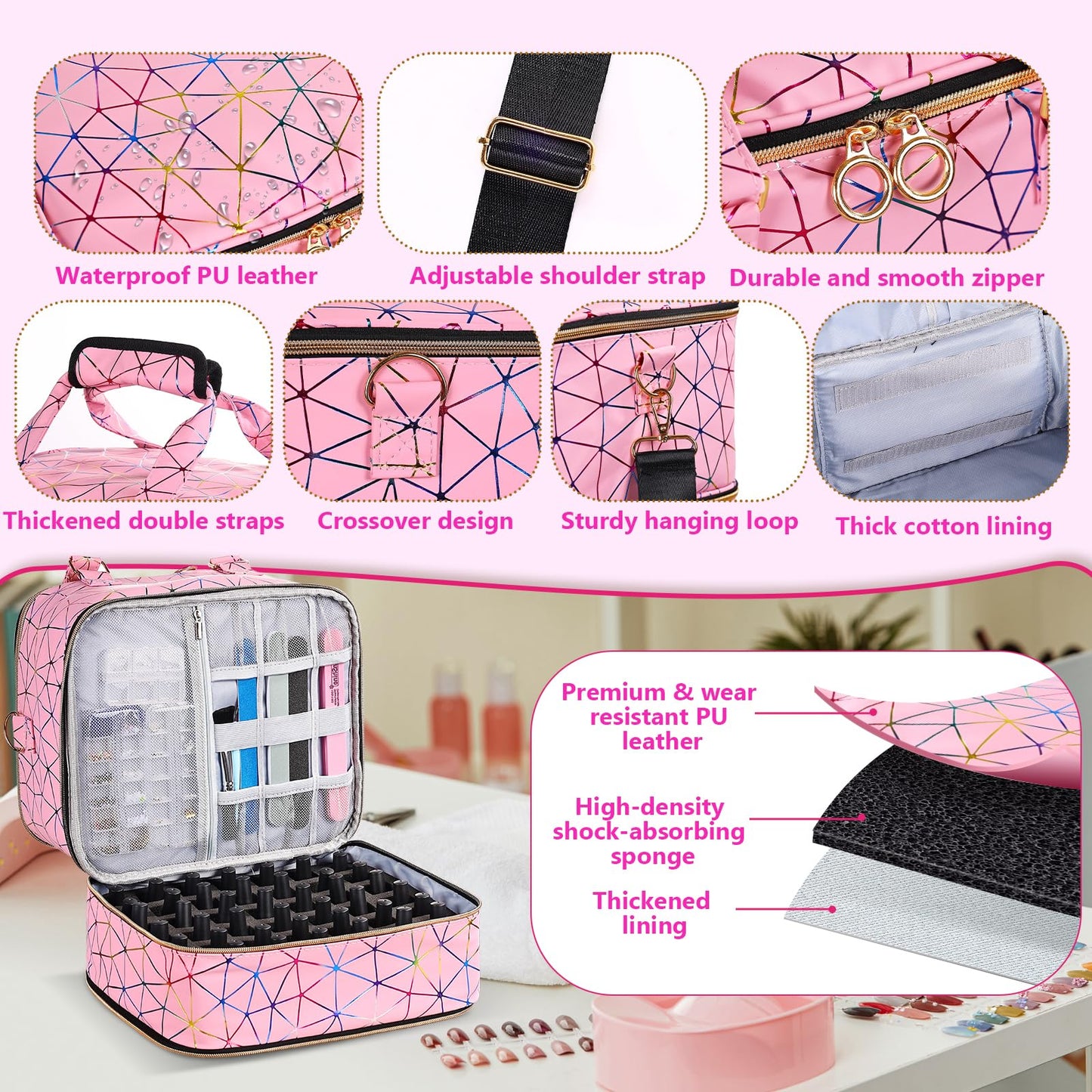 QIYFDDF Nail Polish Organizer Bag,3-layer Pink PU Leather Nail Organizer and storage,Holds 84 Bottles of Nail Polish and Nail Lamp,Large Holder Travel Carrying Case.