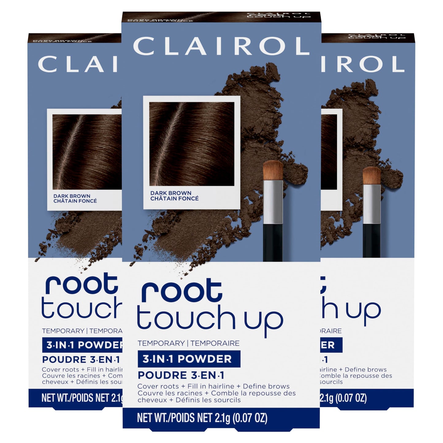 Clairol Root Touch-Up Temporary Concealing Powder, Dark Brown Hair Color | Ammonia Free | Instantly Cover Roots + Define Eyebrows | On-the-Go Compact with Mirror and Application Brush | Pack of 3