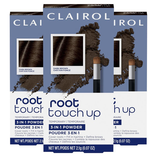 Clairol Root Touch-Up Temporary Concealing Powder, Dark Brown Hair Color | Ammonia Free | Instantly Cover Roots + Define Eyebrows | On-the-Go Compact with Mirror and Application Brush | Pack of 3