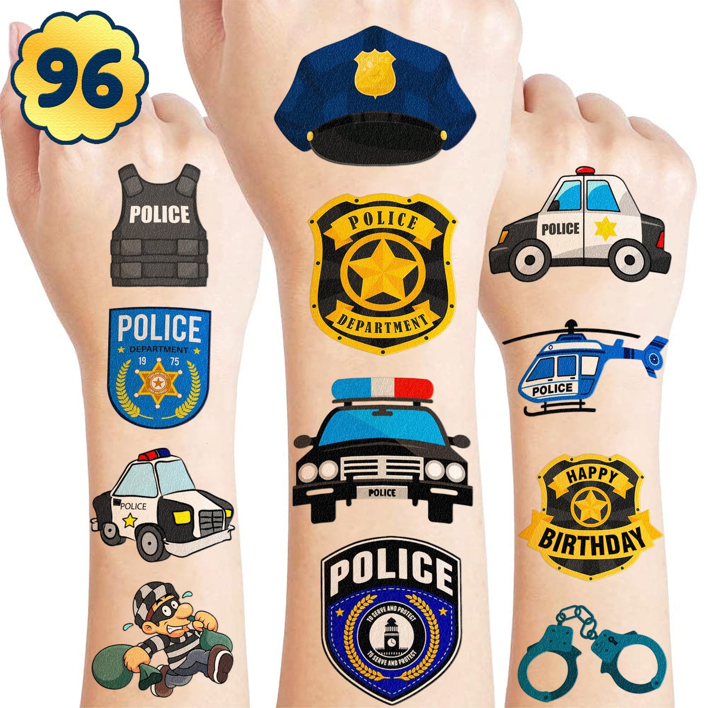 96 PCS Police Officer Temporary Tattoos for Kids - 8 Sheets Cute Cop
