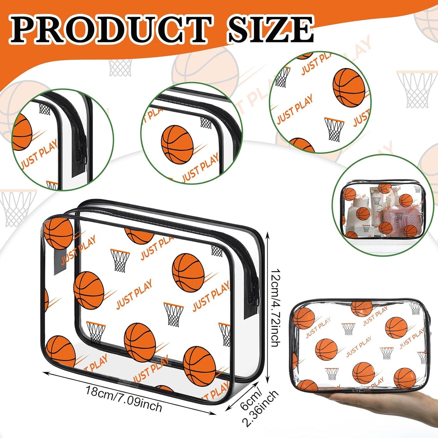 Basketball Clear Makeup Bags - 24-Pack Waterproof PVC Cosmetic Pouches | Party Favors & Team Gifts