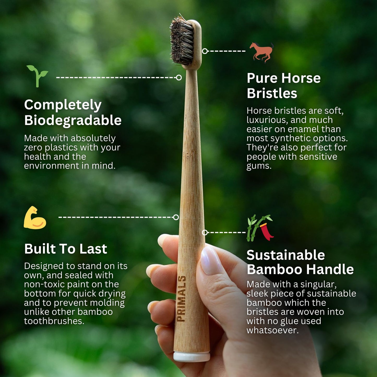 PRIMALS Horse Bristle & Bamboo Toothbrush (4-Pack) - Luxurious & Soft Horse Bristles - Fully Biodegradable - Plastic & Nylon Free - Quick Dry Design