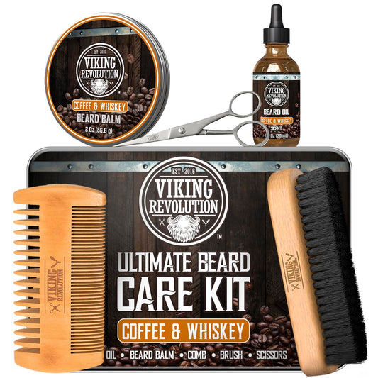 Viking Revolution - Ultimate Beard Kit Coffee and Whiskey - Beard Grooming Kit for Men with Beard Brush, Beard Comb, Beard Balm, Beard Oil, Beard and Moustache Scissors - Husband Gifts for Men