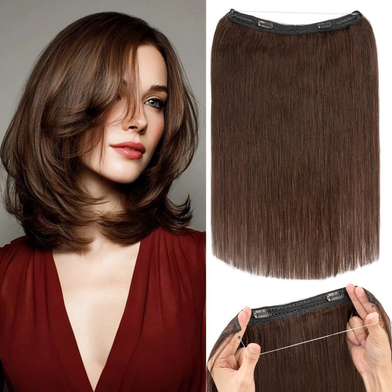 Rich Choices 100% Real Human Halo Hair Extensions Remy Short Invisible Wire Halo Hair Extensions Human Hair Clip in Hair Piece Straight 12 Inch #2 Dark Brown