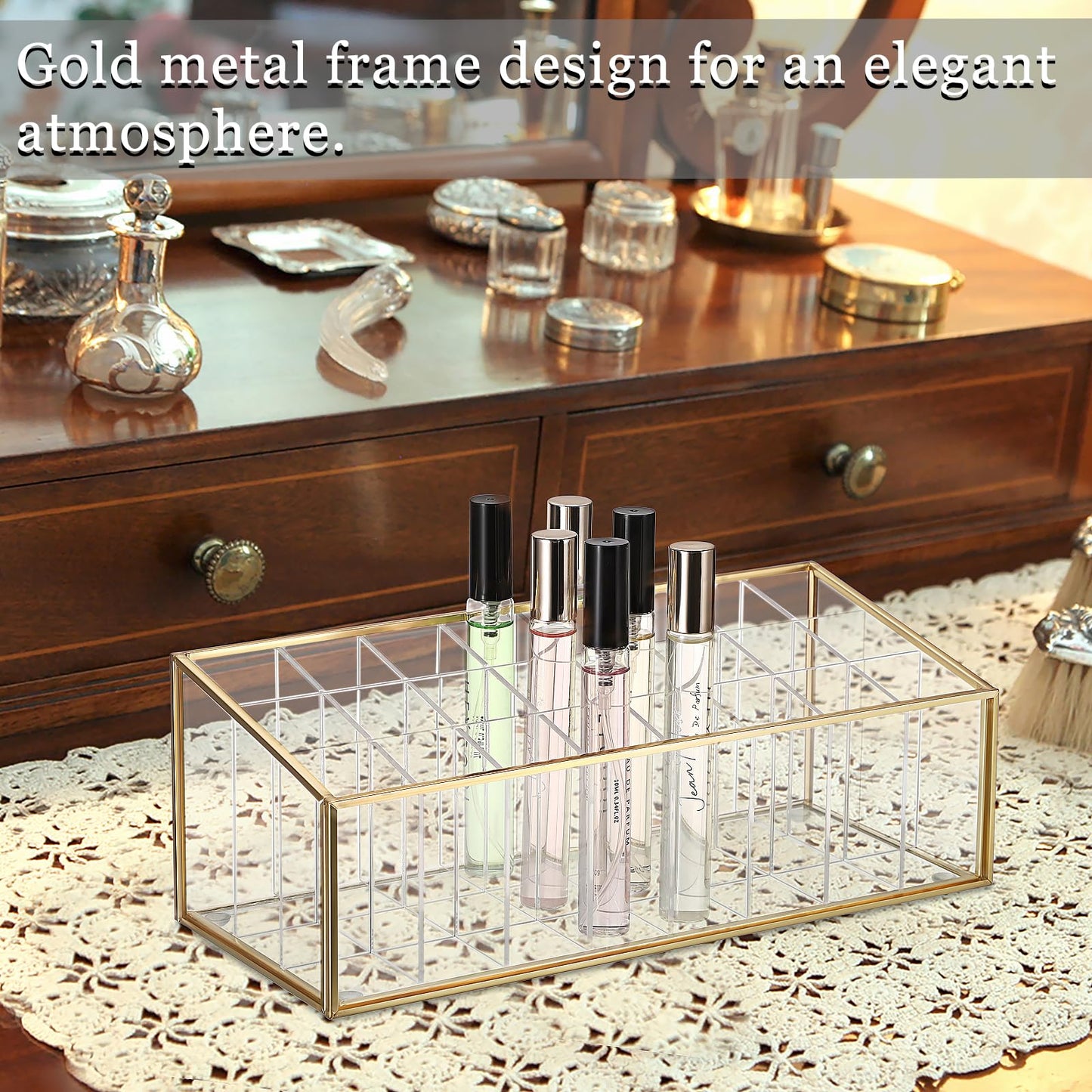 ELLDOO Rollerball Perfume Organizer, 24 Acrylic Spaces Glod Glass Perfume Storage Holder Beauty Scent Holder, Makeup Lipgloss Lipstick Display Case