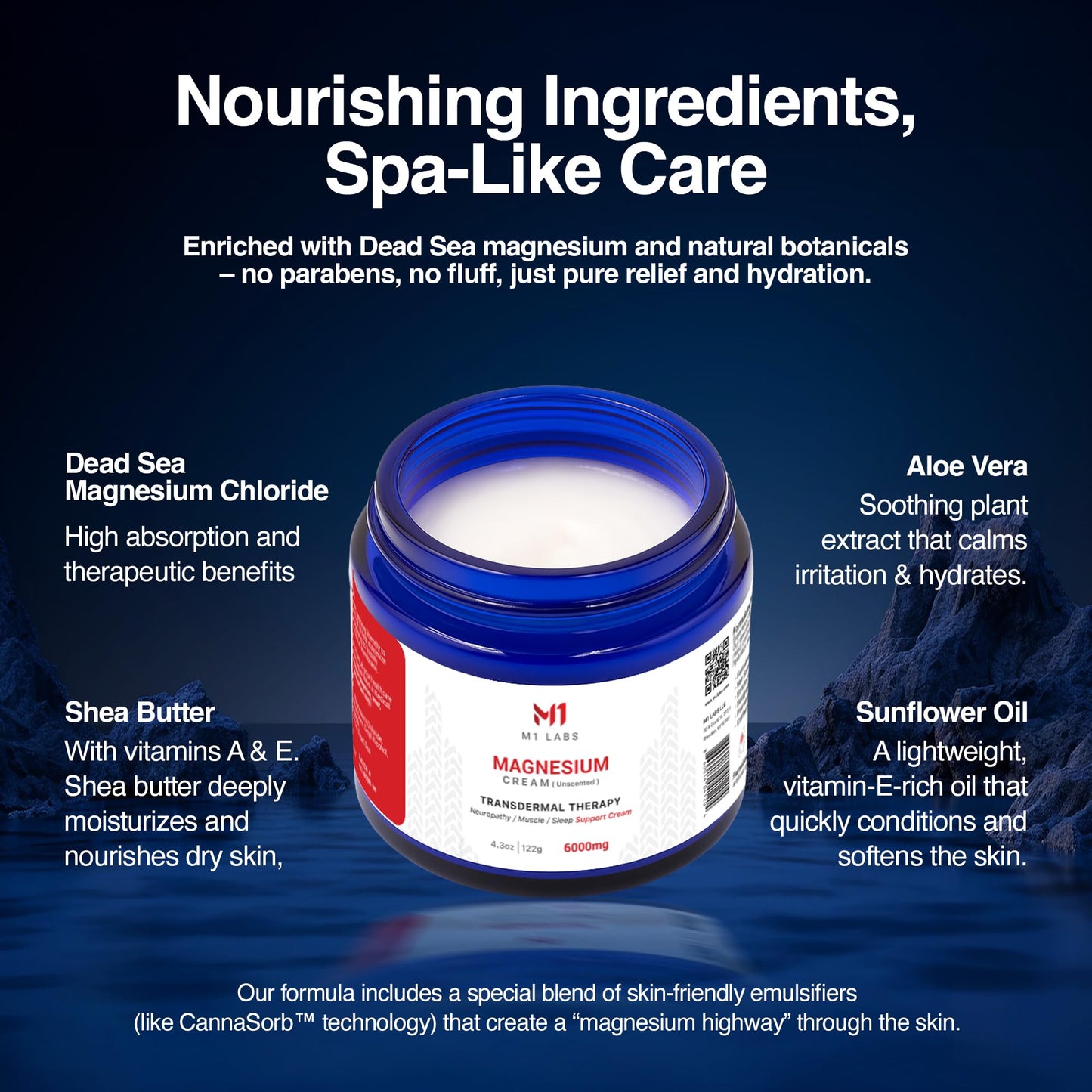 M1 Labs 6000mg Magnesium Topical Cream – 4.3 oz Unscented & Fast-Absorbing Magnesium Chloride Cream for Neuropathy, Muscle & Sleep Support – Paraben-Free, Non-GMO for Relaxation, Support & Hydration