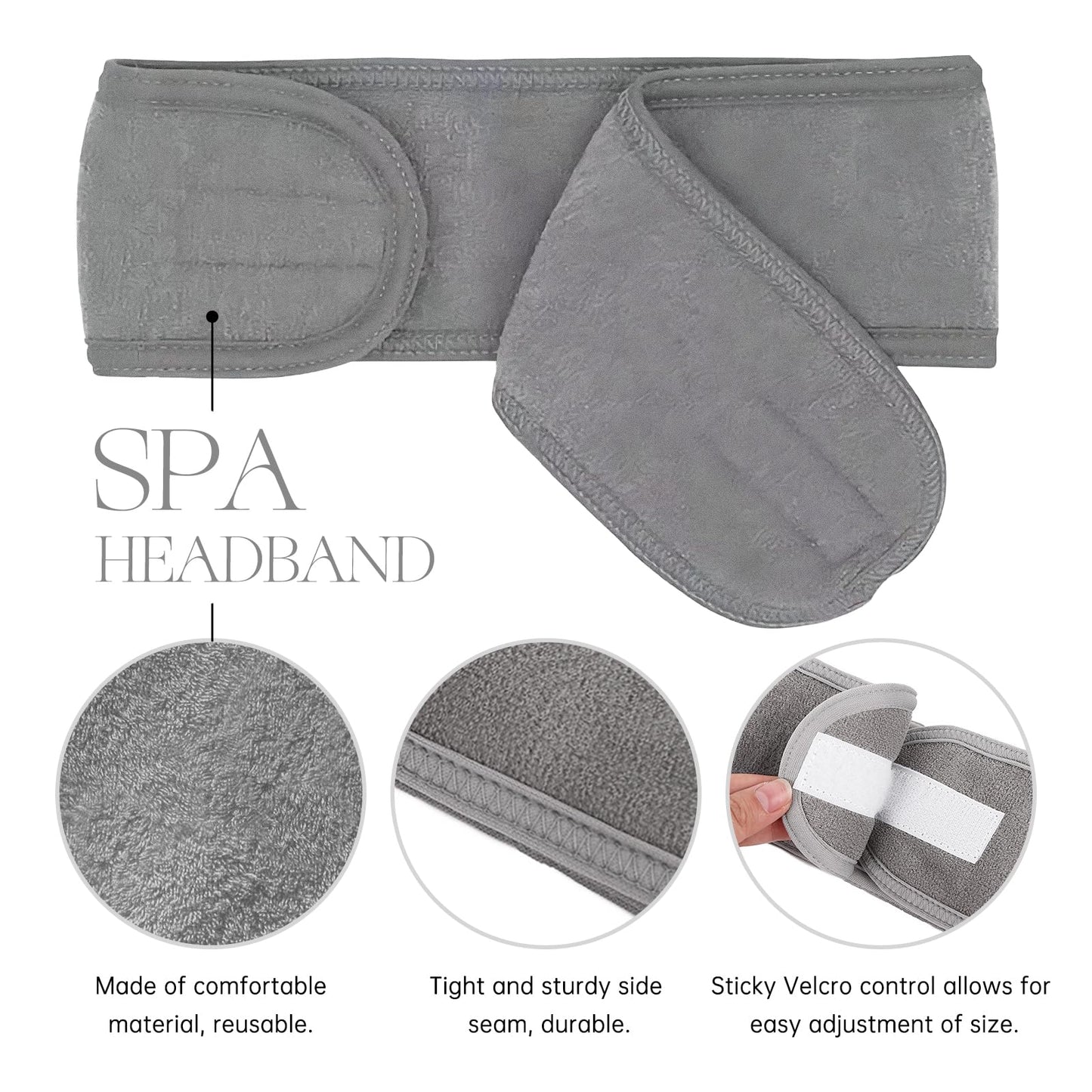 JACYUIG 30 Pack Spa Headband Bulk Spa Facial Headband Adjustable Skincare Head Wrap with Non Slip Tape for Washing Face Makeup Shower Sport Facial Mask Yoga,Gray