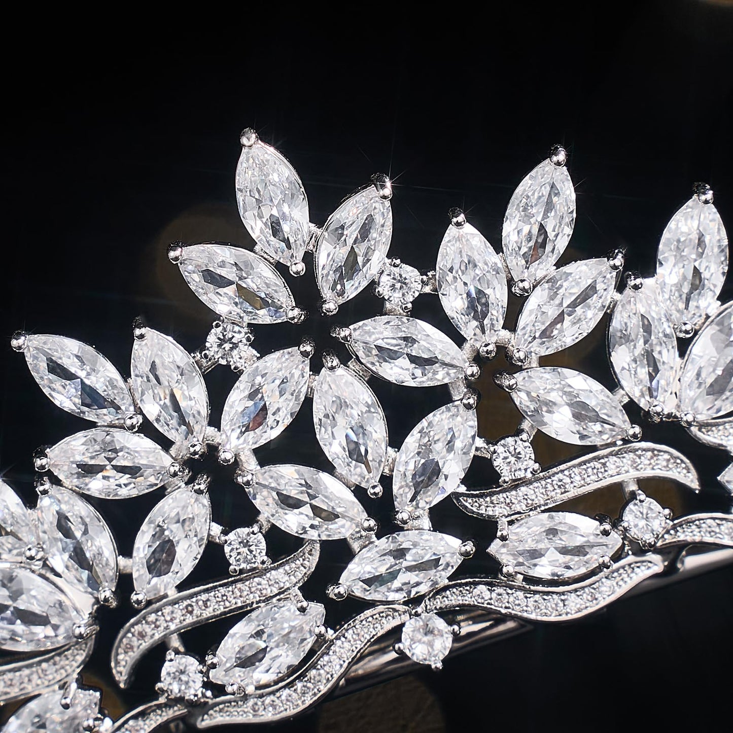Sparkling CZ Tiaras for Women Floral Bride Crown Platinum Plated Wedding Quinceanera Prom Homecoming Crowns Flower Wave Design Bridal Jewelry Gift