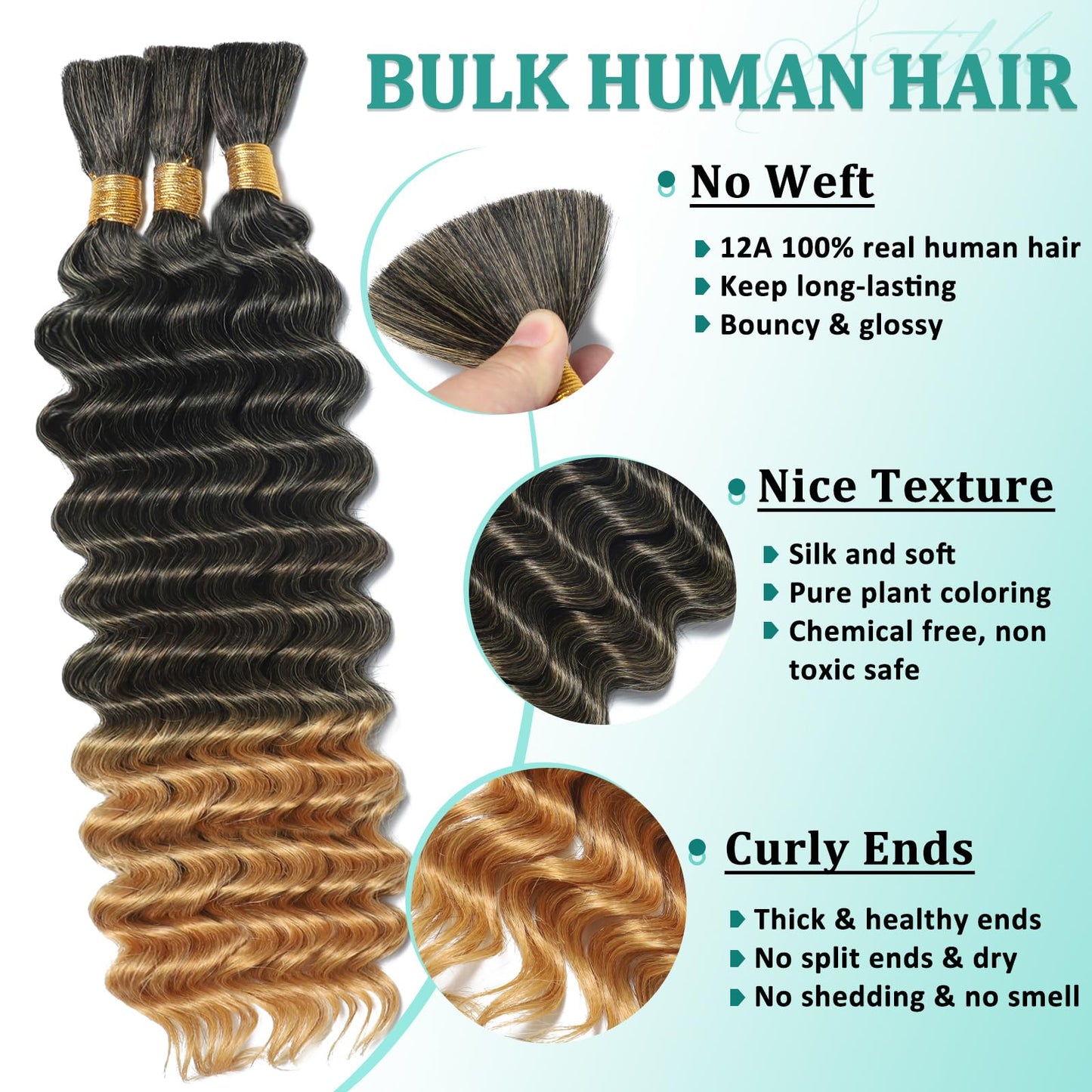Human Braiding Hair for Boho Braids 18 Inch 120g Deep Wave Bulk Boho Human Hair for Braiding Curly Knotless Bohemian Braids 12A 100% Brazilian Virgin No Weft Extensions 3 Bundles/Pack Natural Black 1B