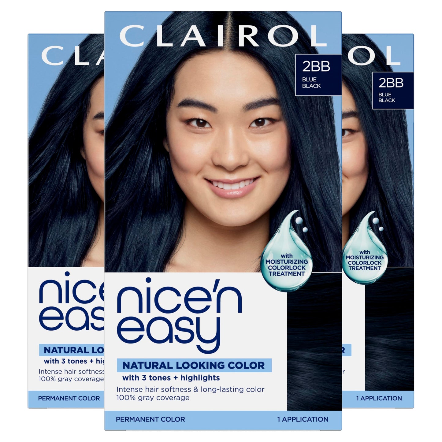 Clairol Nice'n Easy Permanent Hair Dye, 2BB Blue Black | 100% Gray Coverage | Long‑Lasting, Natural‑Looking Color & Shine | Pack of 3