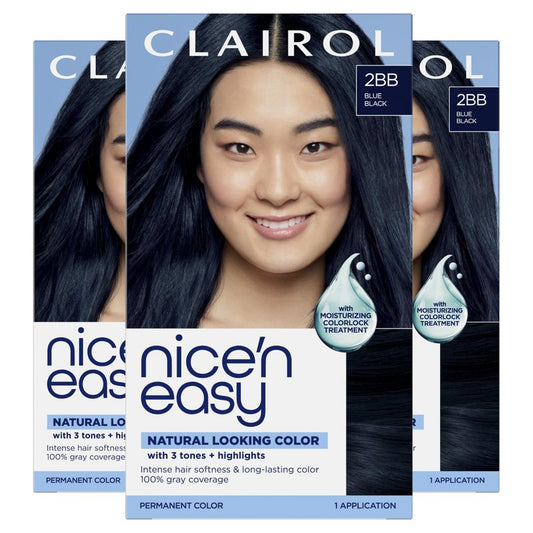 Clairol Nice'n Easy Permanent Hair Dye, 2BB Blue Black | 100% Gray Coverage | Long‑Lasting, Natural‑Looking Color & Shine | Pack of 3