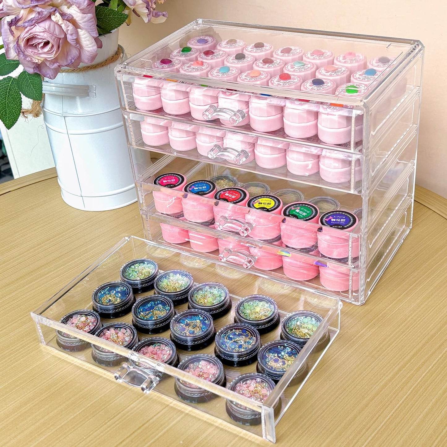 Guolich 5 Tier Nail Art Decoration Storage Box，Acrylic Make Up&Jewelry Organizer with Drawers, Cosmetic Storage for Dresser Countertop and Bathroom，Transparent Acrylic Nail Art Jewelry Accessories
