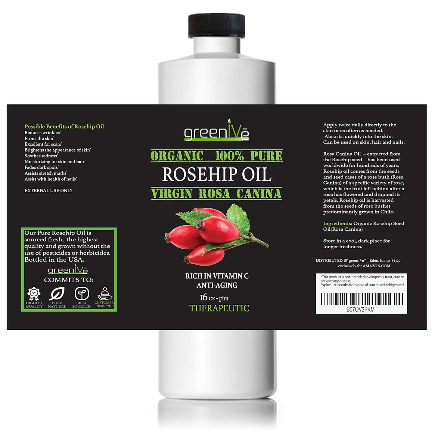 Rosehip Oil - 100% Pure Cold Pressed Virgin Oil | Organic Rosa Canina (16 Fl Oz)